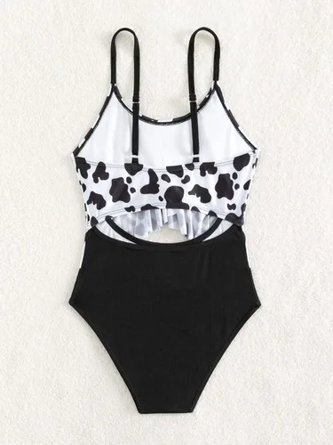 Vista 2 de WDIRARA Traje de baño de una pieza para niña con estampado de vaca y volantes de cintura alta