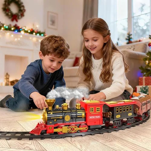 Vista 2 de Juego de tren para niños de 3-5 4-7, juego de juguetes clásicos de tren eléctrico con motor de locomotora, luces y sonido con vapor, rieles