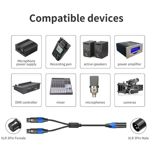 Vista 2 de Divisor XLR, cable divisor XLR equilibrado macho a 2 hembras, cable de micrófono divisor XLR Y de 3 pines (1.6 pies/2 unidades)