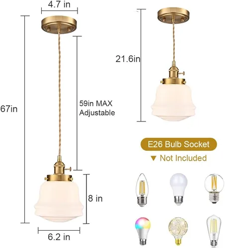 Vista 4 de Lámpara colgante de vidrio de leche industrial de 6 pulgadas, lámpara colgante de latón vintage ajustable, iluminación colgante retro de mediados