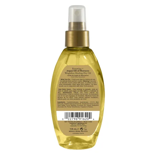 Vista 6 de OGX Aceite de Argán renovador de Marruecos en aerosol, aceite reparador ligero y seco, spray para el cuidado del cabello, bruma ligera para puntas