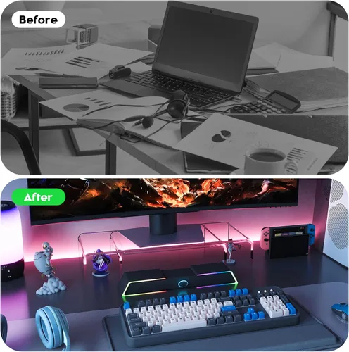 Vista 4 de X-cosrack Soporte de Monitor de Acrílico Transparente con Elevador, Soporte Ajustable de Doble Monitor con 3 Estantes y Alfombrilla Antideslizante