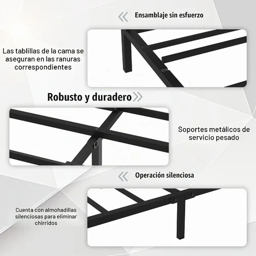 Vista 3 de Marco de cama de tamaño matrimonial con combinación de madera y metal, plataforma estable con soporte de listones de acero, cama doble, no necesita