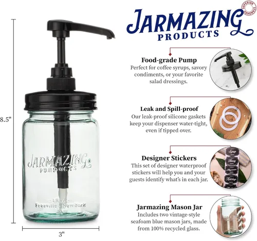 Vista 2 de Jarmazing Products - Dosificador de jarabe y condimentos vintage en frasco de vidrio azul Mason – Paquete de dos