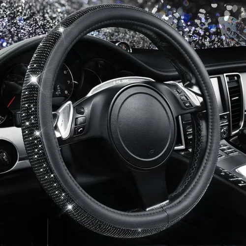 Vista 13 de CAR PASS Funda para volante de cuero beige con diamantes brillantes, cristales blancos brillantes con purpurina y pedrería, ajuste universal de 14