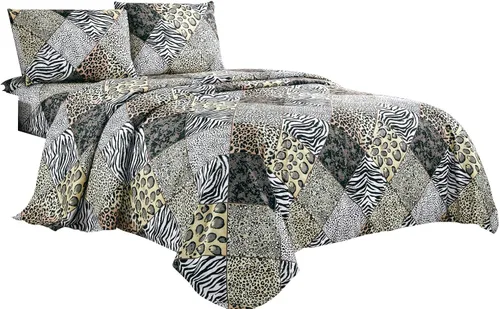 Vista 2 de WPM - Juego de sábanas bajeras de 3 piezas con estampado animal, diseño de cebra, jirafa, selva, bosque y leopardo, negro, blanco, gris, con funda