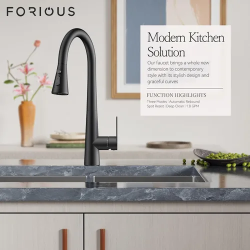 Vista 2 de FORIOUS Grifo de cocina negro alto con rociador extraíble, grifo clásico de acero inoxidable de arco alto para fregadero de cocina, mango único, 3