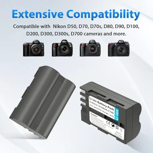 Vista 4 de LP EN-EL3e, EL3, EL3a Batería de 2600 mAh Compatible con Nikon D700, D300s, D300, D200, D100, D90, D80, D70S, D70, D50, MH-18, MH18a, MH-19, Una
