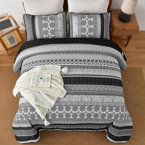 Vista 3 de WONGS BEDDING Juego de Edredón Boho Tamaño Full, Juego de Edredones Bohemios Grises de 3 Piezas, Juego de Ropa de Cama Cubrecama de Microfibra Negro