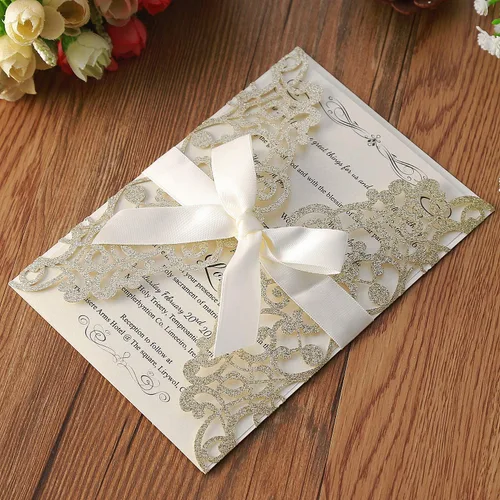 Vista 6 de Hosmsua 20 unidades de invitaciones de boda con flores de 13 x 18,5 cm con purpurina y corte láser con cintas y sobres para boda, despedida