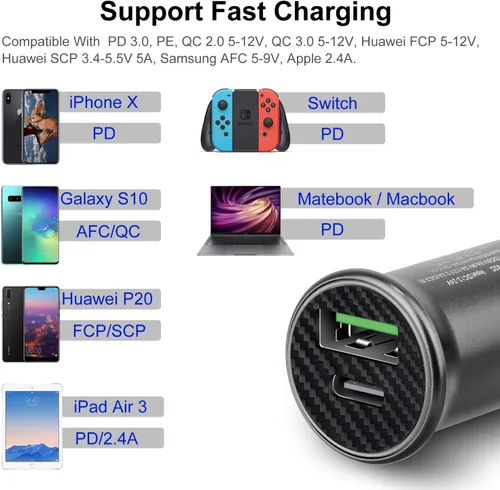 Vista 4 de Cargador de coche USB C Encendedor de carga rápida: Adaptador de coche PD y QC 3.0 de 30 W - Bloque de puertos dobles compatible con iPhone, i-Pad