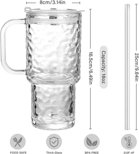 Vista 2 de Vaso de vidrio de 18 onzas con asa y tapa, paquete de 2 tazas de café helado con pajitas, taza de vidrio para bebidas frías y calientes, taza