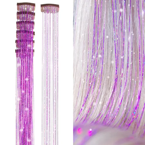 Vista 15 de Extensiones de oropel para el cabello con clip Bronce con reflejos para el cabello 52 cm 6 piezas, cabello de hada multicolor, oropel sintético