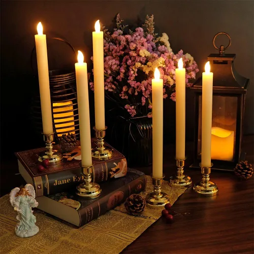 Vista 8 de Velas cónicas parpadeantes sin llama rosadas que funcionan con pilas con control remoto de 10 teclas y temporizador, paquete de 6 velas LED de cera