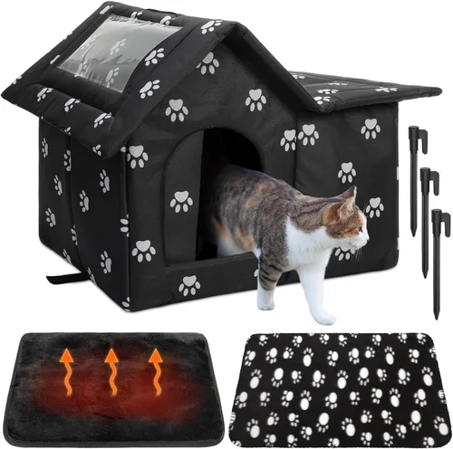 Vista 7 de Dansydaisy 3 Piezas Casa para Gatos de Exterior Impermeable de 21" x 18" con Puerta con Cortina, Almohadilla Autocalentable, Manta, Refugio Grande