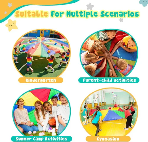 Vista 7 de Paracaídas arcoíris para niños, juguete de paracaídas con asas, juego de paracaídas para niños, cooperación en grupo y actividades al aire libre