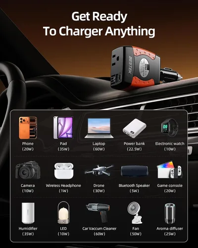 Vista 5 de BESTEK Inversor de corriente de 150 W, convertidor de voltaje de 12 V a 110 V, cargador de coche, adaptador de corriente con puertos de carga USB
