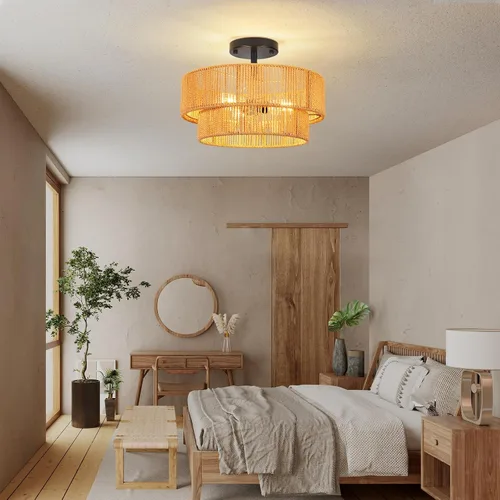 Vista 8 de ZECOXOL Lámpara de Techo de Ratán Moderna Bohemia Chandelier de Montaje Empotrado Luz de Techo de 3 Luces 12.99", Lámparas de Luz de Mimbre Tejido