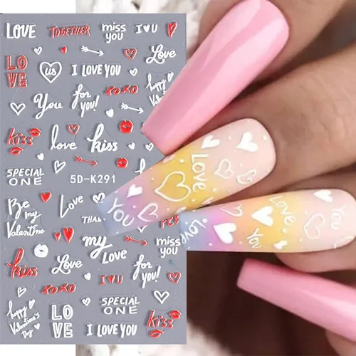 Vista 4 de Calcomanías de arte de uñas para el día de San Valentín, calcomanías de oso lindo 5D, autoadhesivas, corazón rojo, enano, panda, diseño de uñas