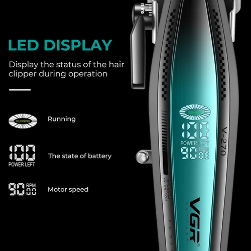 Vista 6 de VGR 270 cortapelos para hombres profesionales, de bajo ruido, inalámbrica, de alta velocidad, 9000 RPM, cuchilla de cerámica de decoloración fresca