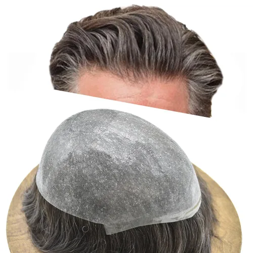 Vista 28 de Tupé de piel ultra fina para hombres pieza de cabello humano real sistema de reemplazo 0.002 in Mens Toupee Hairpiece para hombres V-Loop 8x10 80%