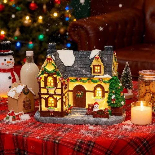 Vista 7 de Construcción de Casa Navideña, Edificios Coleccionables de Navidad Pintados a Mano, Decoración de Pueblo de Casas con Muñeco de Nieve, Edificios