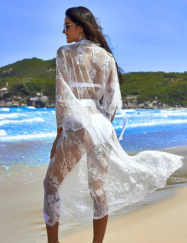 Vista 3 de Bata Avidlove tipo kimono, de encaje, camisón largo de lencería sexy, babydoll transparente para mujer