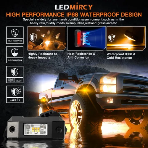 Vista 4 de LEDMIRCY Switchback Kit de Luces LED para Rocas Blanco/Ámbar Estroboscópicas con Arnés de Cableado 8 Módulos 6 Modos Función de Reinicio Función