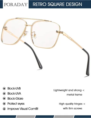Vista 4 de PORADAY Gafas de sol cuadradas de aviador para hombres y mujeres, gafas de sol de gran tamaño, marco de metal vintage, persianas degradadas