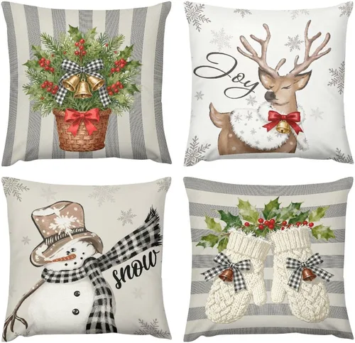 Vista 13 de Juego de 4 fundas de almohada decorativas de árbol de Navidad con estampado de ambos lados, 16 x 16 pulgadas, fundas de almohada de bosque