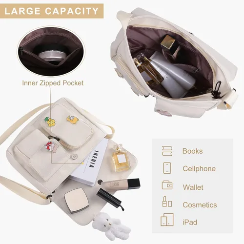 Vista 4 de Bolso cruzado de lona con alfileres Kawaii y colgante para mujeres y niñas, bolso de mensajero casual para estudiantes, mochila escolar