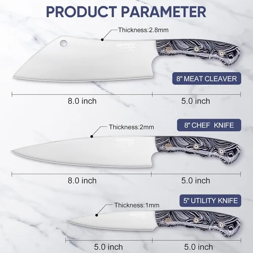 Vista 6 de Topfeel Juego de 3 cuchillos de chef profesional, cuchillos de cocina japoneses ultra afilados, acero inoxidable alemán de alto carbono de 8