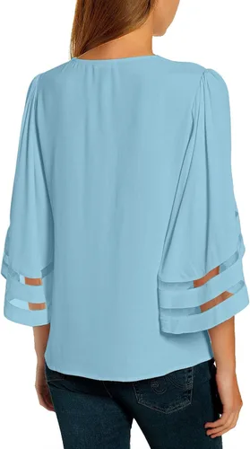 Vista 2 de LookbookStore - Blusa para mujer con paneles de malla cuello en V manga acampanada de 34 y corte holgado