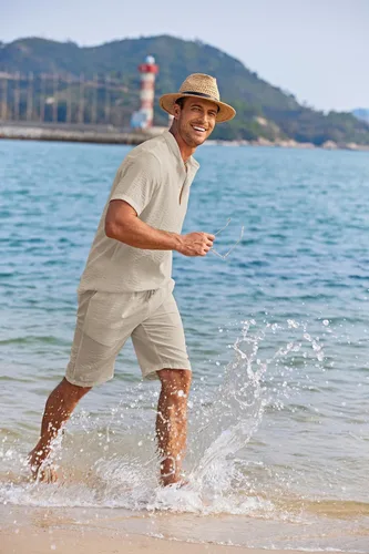 Vista 6 de COOFANDY - Conjunto de 2 piezas de lino para hombre, camisas Henley casuales de manga corta, pantalones cortos de playa, yoga, pantalones de verano