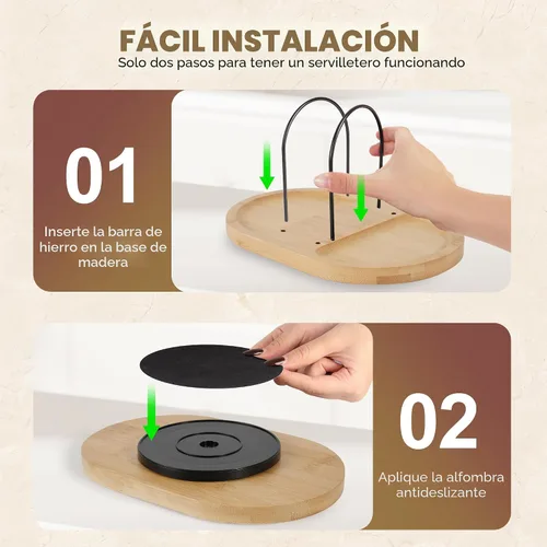Vista 3 de Servilletero para mesa, dispensador giratorio con salero y pimentero, soporte de bambú, almacenamiento rústico de servilletas de metal para mesa