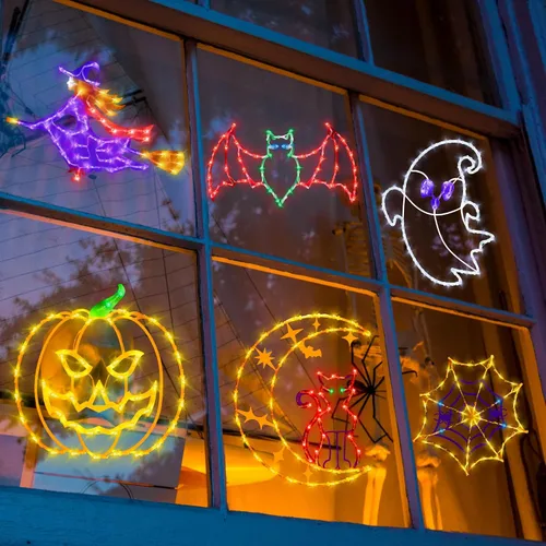 Vista 8 de Decoraciones de Luces de Siluetas para Ventana de Halloween de 16" - Paquete de 6 Colores Iluminados Gato en Luna y Fantasma y Telaraña y Calabaza