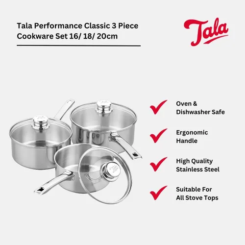 Vista 2 de Tala Performance - Juego de utensilios de cocina de acero inoxidable de 3 piezas, cacerolas con tapas de vidrio, 16, 18 y 7.9 in. Fabricado