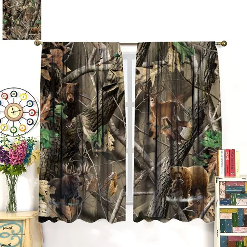Vista 3 de Cortinas opacas de camuflaje de bosque, animales salvajes, osos, ciervos, alces, con bolsillo para barra, para sala de estar, dormitorio, decoración