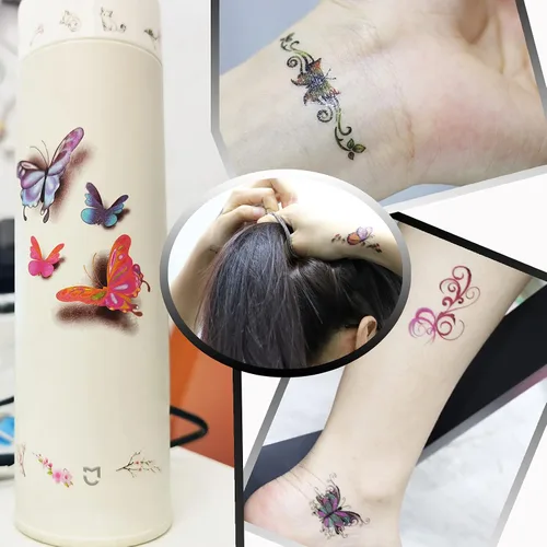 Vista 5 de 30 hojas de tatuajes temporales de mariposa para mujeres, niñas y adultos, mariposas 3D, calcomanías de tatuaje falsas sexys, impermeables, arte
