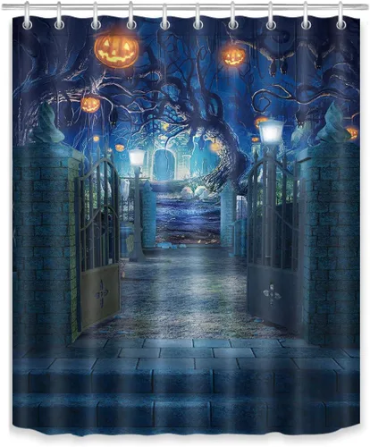 Vista 2 de LB Cortina de ducha de Halloween, cementerio de terror, fantasma, gatos negros en árbol, calabaza, cortinas de ducha para baño con ganchos, 60 x 72