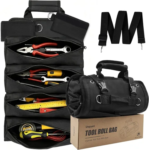 Vista 8 de Bolsa enrollable de herramientas – Organizador de herramientas enrollable resistente con 2 bolsas extraíbles, almacenamiento de herramientas