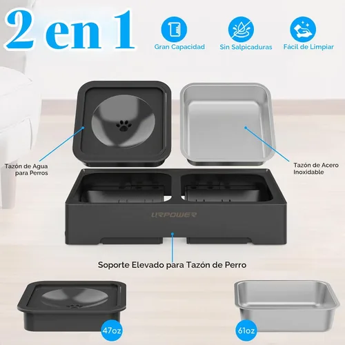 Vista 4 de URPOWER Cuencos Elevados 2 en 1 para Perros, 4 Cuencos Elevados para Perros de Altura Ajustable con Cuenco de Agua Sin Derrames y Cuenco de Comida
