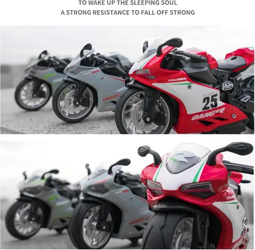 Vista 6 de Modelo de motocicleta de tracción hacia atrás, motocicleta de juguete a escala 1:12, juguete de motocicleta con luz y música para niños y niñas