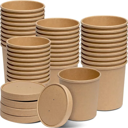 Vista 12 de GUSTO Recipientes de papel kraft de 8 onzas con tapas ventiladas. Tazones de sopa To Go Hot para llevar, tazas de helado desechables, ideales