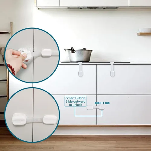 Vista 9 de Cerraduras de seguridad prémium para niños, paquete de 6 cerraduras de seguridad ajustables para bebés, para cocina, armarios, cajones, nevera e
