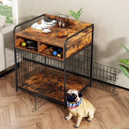 Vista 8 de Muebles de jaula para perros pequeños, perrera de interior, mesa de madera para perros con cajones de almacenamiento, jaula resistente para perros