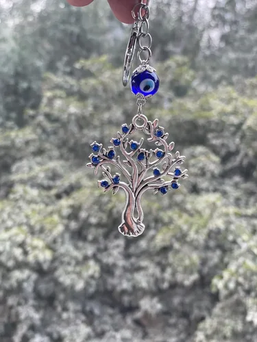 Vista 3 de Colgante con forma de árbol con ojo malvado azul, llavero de aleación de cristal para hombres y mujeres (paquete de 1), Azul