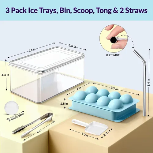Vista 3 de Paquete de 3 bandejas para cubitos de hielo para congelador, máquina de hielo redonda grande para whisky, molde de hielo de 8 bolas con cubo