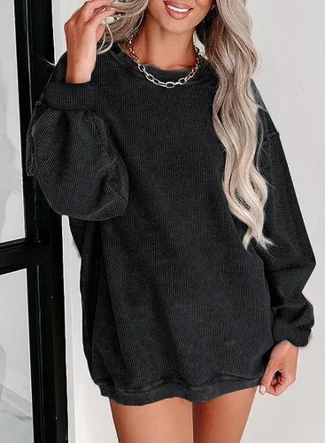 Vista 2 de Sudadera de pana de gran tamaño con cuello redondo para mujer, casual, manga larga, moderna, cómoda