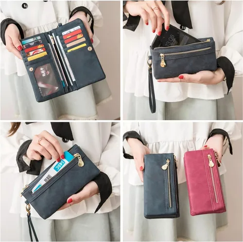 Vista 5 de Aslana Cartera larga de cuero suave con correa de mano bolso de embrague para las mujeres multi función tarjetero teléfono bolsa, #04 Rojo